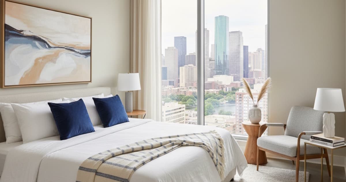 Clean modern Houston townhome bedroom set up for short-term rental with warm lighting and city view