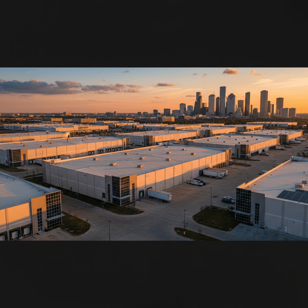 Houston commercial property aerial view at sunset